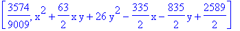 [3574/9009, x^2+63/2*x*y+26*y^2-335/2*x-835/2*y+2589/2]